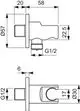 Technisches Diagramm einer Armatur mit Abmessungen und Gewindeangaben. Es zeigt eine Ideal Standard Konstruktion mit verschiedenen Durchmessern und Montagepunkten.